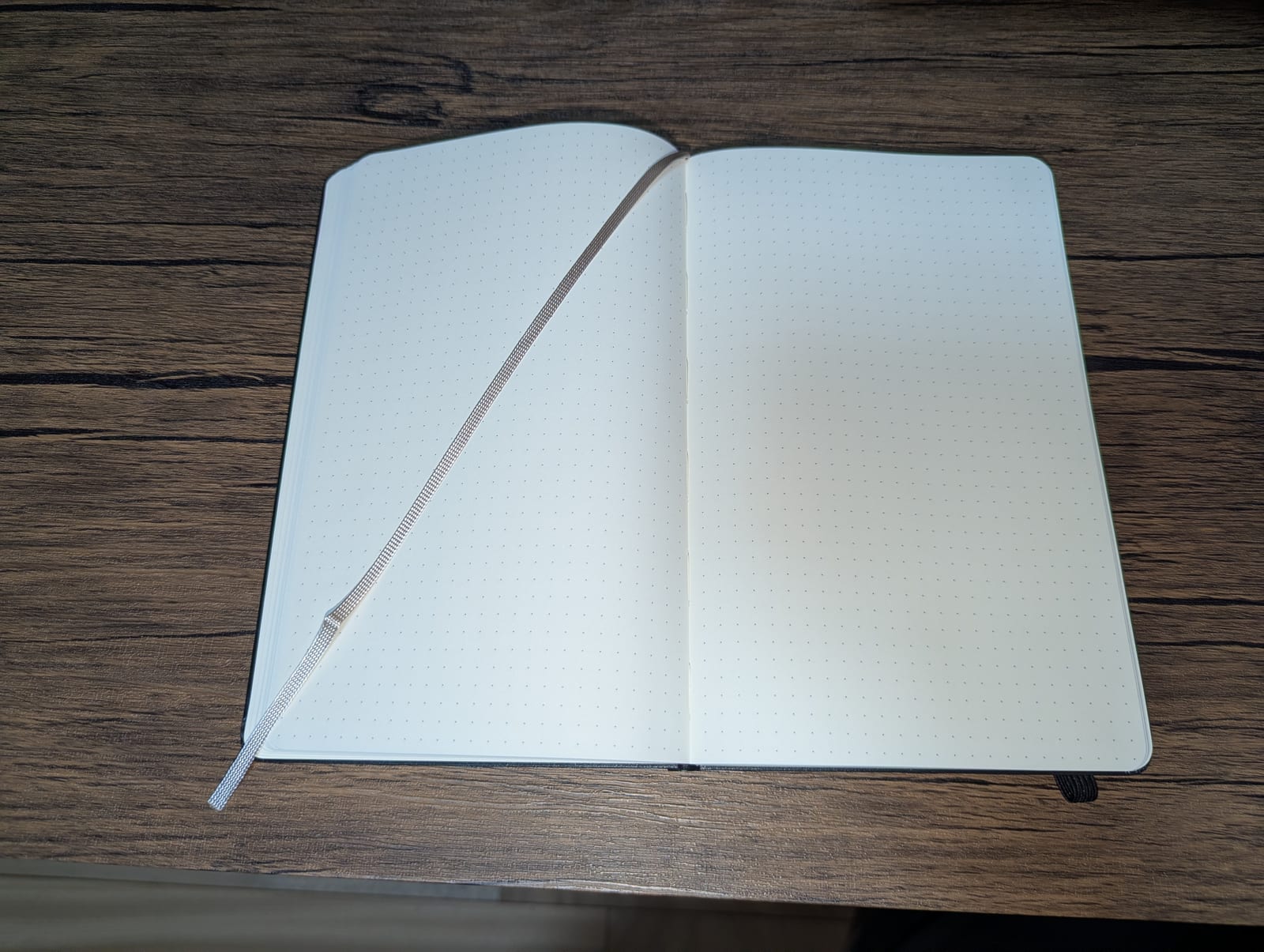 黒のハードカバーのノートを開いたところ。しおりのひもが1本ついている